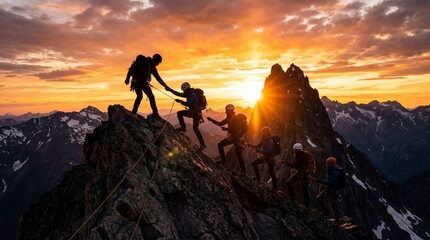 Team of climbers reaching mountain summit at sunset teamwork and success concept adventure and achievement in nature