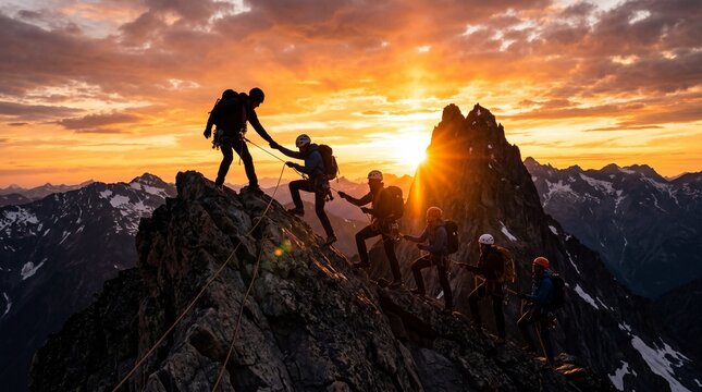 Team of climbers reaching mountain summit at sunset teamwork and success concept adventure and achievement in nature
