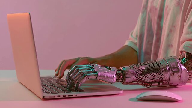 Prosthetic arm cybernetic technology laptop office workspace disability inclusion with robotic metal limb human emotion remote work future desk