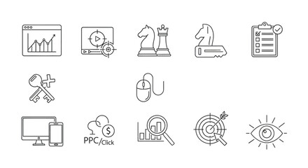 Fototapeta premium Set of flat line icons representing online marketing, advertising, and SEO strategy, including charts, computers, and target audience engagement