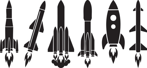 Collection of black silhouette rocket ship icons © Umme