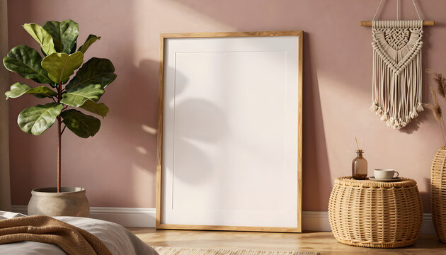 Blank Frame Mockup in Modern Boho Bedroom Setting: Stylish Decor