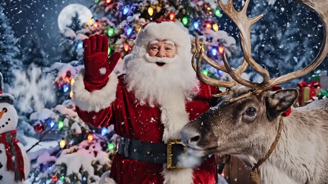 Santa Claus and reindeer in a snowy forest with a Christmas tree.