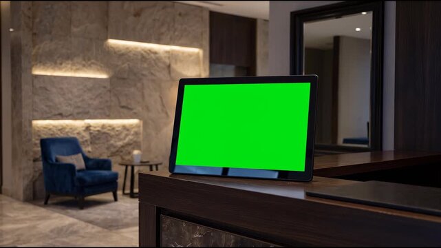 Modern tablet green screen mockup on hotel reception desk
