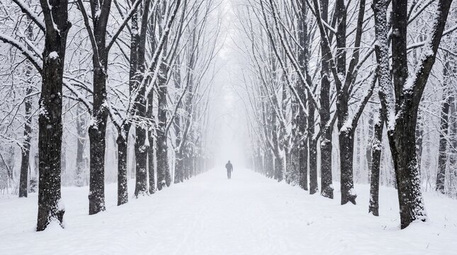 Lone figure walks down a snow-covered tree-lined path in a winter landscape atmospheric and serene outdoor scene