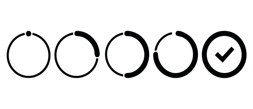 Loading progress bar circle icon set showing step by step process from start to complete checkmark stage. Minimalist black vector UI graphics for web UI timeline design, isolated on white background.