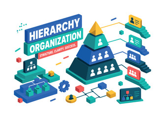 Fototapeta premium Hierarchy Organization Chart , oversized pyramid chart with bold geometric depth, floating connection blocks and stepped team platforms, asymmetric editorial layout, electric blue and mint with coral