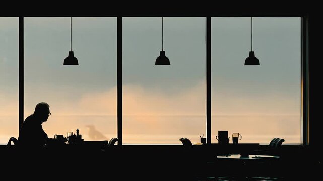 Silhouette diner restaurant cafe window interior solitude evening single patron at empty table moody sunset coastal city view at dusk