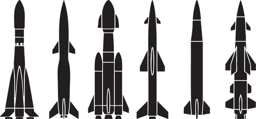 Collection of black silhouette rocket ship designs © Umme
