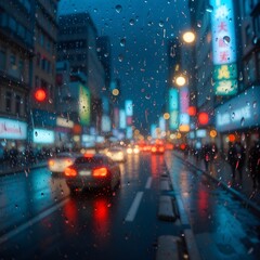 Fototapeta premium Blurred city traffic lights and neon signs through a rainy window at night