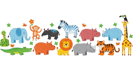 Collection of playful and colorful wild animals from the safari and jungle, perfect for children's educational content and designs © imran