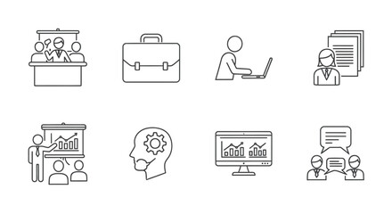 Fototapeta premium Comprehensive Set of Business and Office Productivity Line Icons for Data Analysis, Team Collaboration, and Professional Presentations