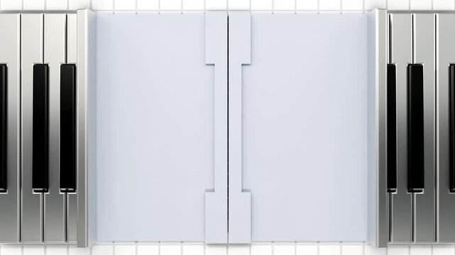 画面を覆うチタン製のピアノ鍵盤が中央から白く消えていくトランジション背景映像