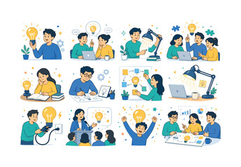 Fototapeta premium Lightbulb Idea Pack. Lightbulbs, lamps, electricity, innovation, idea, solution, inspiration, creativity, invention, energy, brainstorming and strategy. 12 minimalist editorial vector scenes: a person