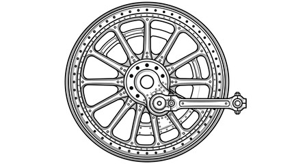 Detailed vintage steam engine wheel vector illustration in monochrome technical drawing style © Theresa