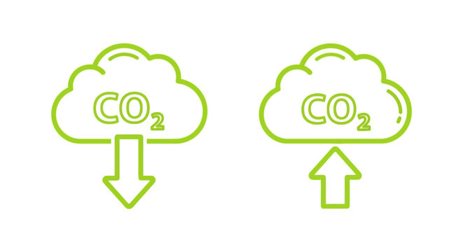 Two climate change icons representing carbon dioxide CO2 emissions and reduction with up and down arrows in clouds