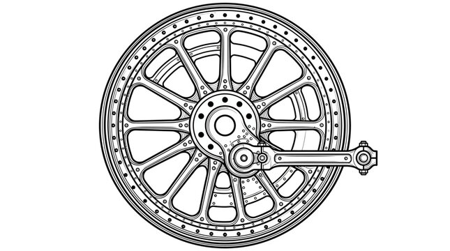 Detailed vintage steam engine wheel vector illustration in monochrome technical drawing style