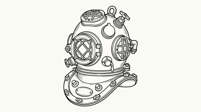 Vintage diving helmet icon isolated on white background with retro style illustration