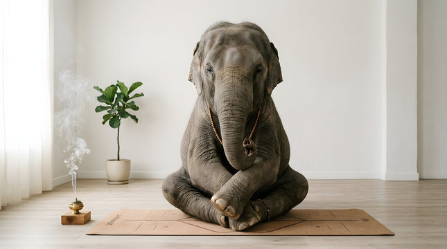 Elephant Meditating on Yoga Mat Mindfulness Wellness Concept