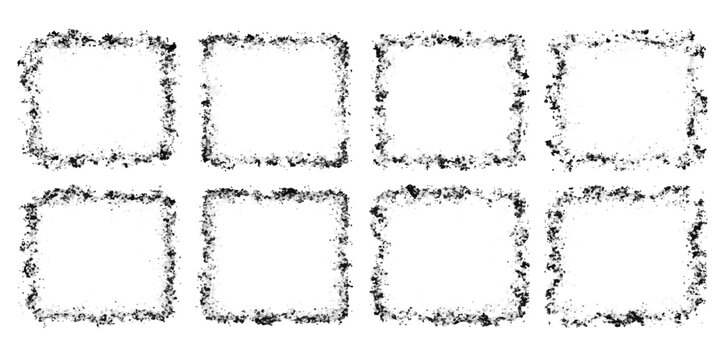 Set of eight square frames with hand drawn messy ink brush strokes and artistic rough edges