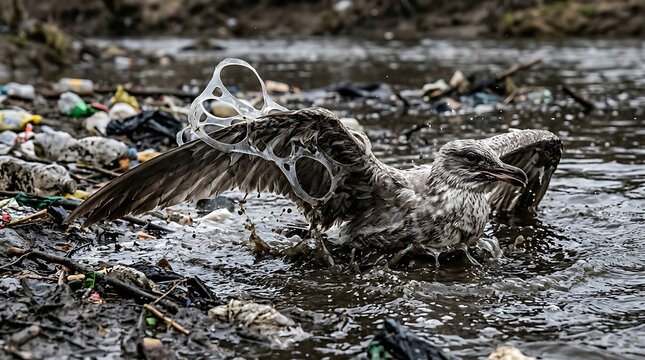 Stray bird trapped in muddy water polluted with plastic and trash waste
