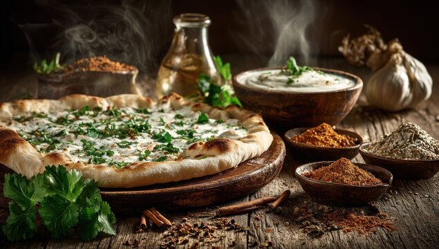 Flatbread topped with white sauce and fresh herbs rests among bowls of spices and a jar of oil