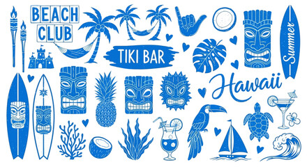 A delightful collection of tropical paradise illustrations featuring Hawaiian Tiki masks, surfboards, and exotic beach vacation elements, perfect for summer designs © imran