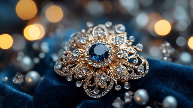Elegant vintage brooch with intricate filigree and a central sapphire stone pinned on a velvet evening gown set against a soft lit ballroom background with chandeliers