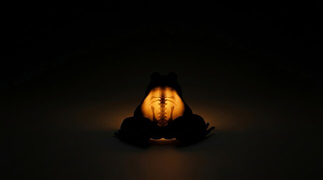 Illuminated Frog Silhouette with Visible Skeleton on Dark Background