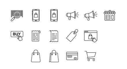 Fototapeta premium Set of outline icons representing e-commerce and shopping concepts, perfect for digital marketing and online retail design elements