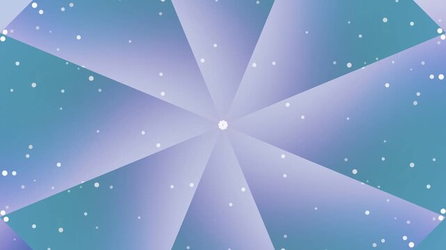 Snowflakes fall gently on blue background with white dots and purple accents.