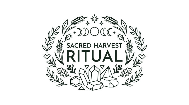 Sacred Harvest Ritual Logo with Crystals, Moon Phases and Foliage - Boho Style