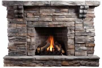 Obraz premium Stone fireplace with burning logs and mantel providing warmth and a cozy home atmosphere