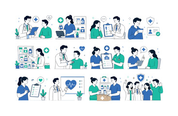 Fototapeta premium Cloud Digital Services collection of digital illustrations, 12-20 character-driven small scenes across full canvas, people with visible faces and expressive poses managing cloud storage, connecting