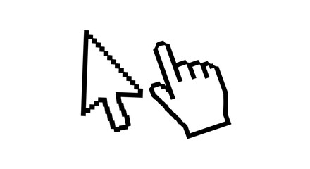 Fototapeta premium A simple black and white graphic showing two distinct cursor icons a pixelated arrow pointer and a hand pointer, isolated on a white background