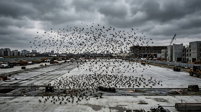 Massive swarm of birds flying over concrete construction site development