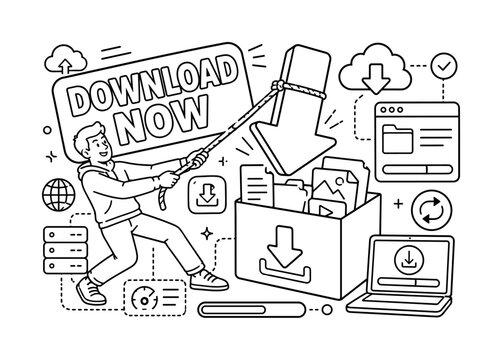Download Data Transfer Series banner with user pulling oversized download arrow and large file box, small cloud and progress details, bold text DOWNLOAD NOW in rounded rectangle off-center, full