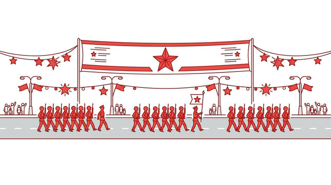 Red Star Parade: Marching Soldiers and Celebration Banner