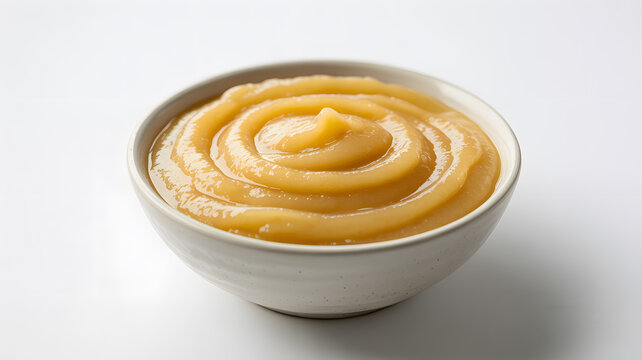A bowl of creamy applesauce on a white background