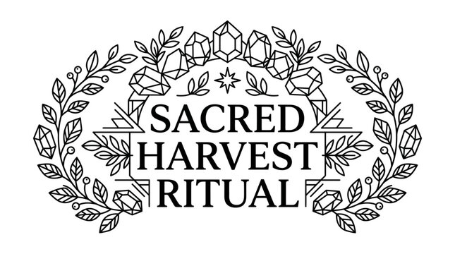 Sacred Harvest Ritual Logo with Crystals and Leaves Wreath