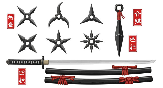 Traditional Japanese weapon set illustration ninja throwing stars, sharp kunai, and a long sword with its scabbard, ideal for historical combat themes