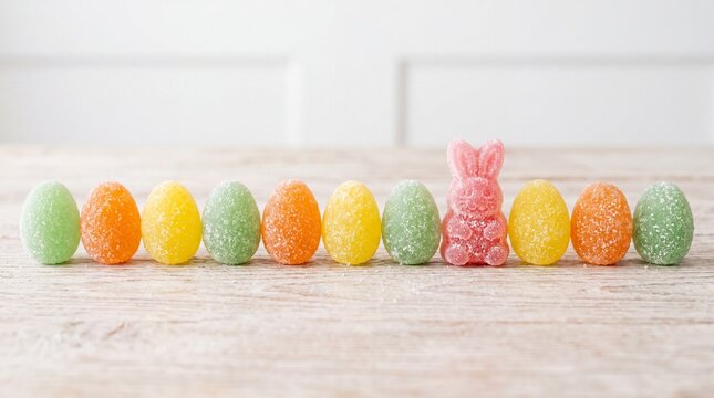 Colorful Easter egg candies and a pink bunny jelly bean in a row on a wooden surface festive holiday treat for spring celebration