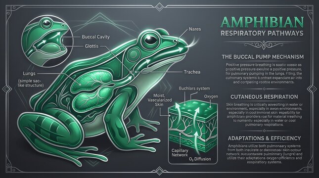 Detailed Illustration of Amphibian Respiratory Pathways and Mechanisms