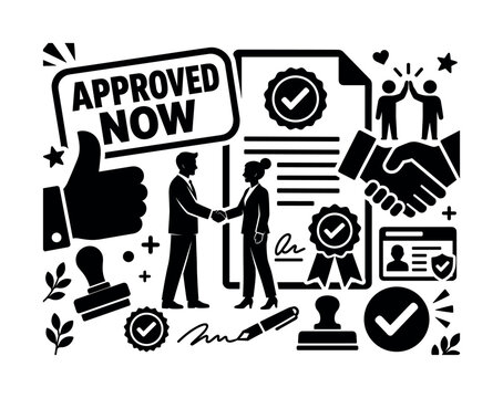 Approval Confirmation Trust. Wide solid banner with one approval scene: two people sealing an agreement beside an oversized check badge and giant certified document stretching across the full canvas