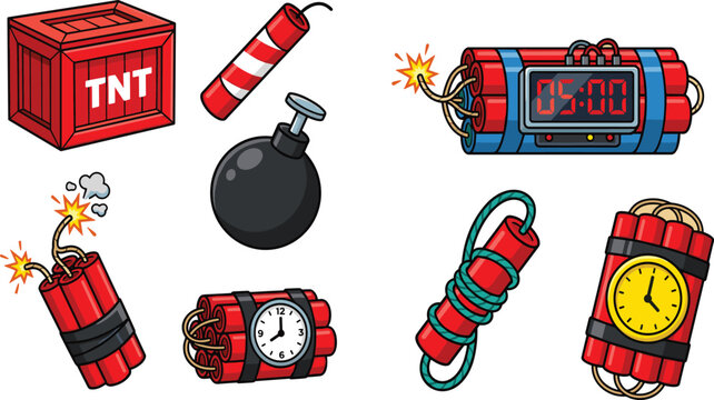 Cartoon TNT Bomb and Dynamite Explosive Icon Set with Timer and Fuse