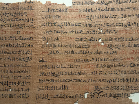 Ancient Egyptian Hieratic Script on Weathered Papyrus Scroll Fragment
