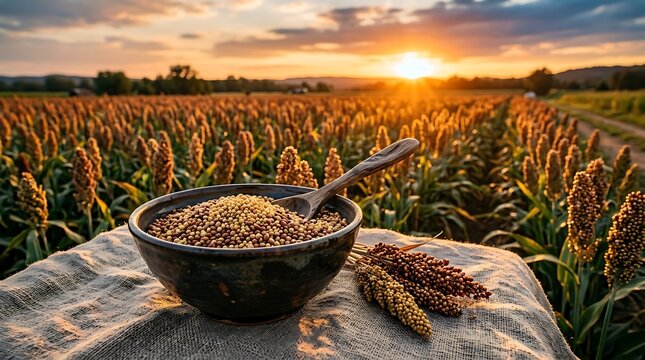 Bowl of sorghum grains and wooden scoop on harvested field at golden hour