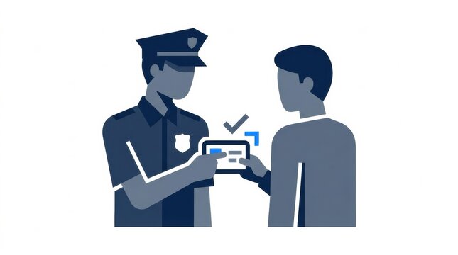 Security guard examines identification presented by a visitor as part of standard security procedures at a facility.