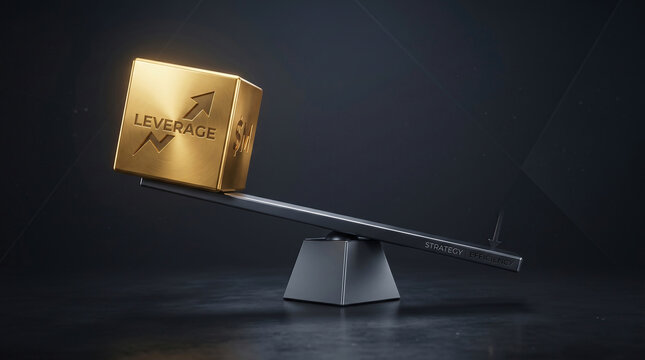 Financial leverage concept with golden cube on a seesaw balance