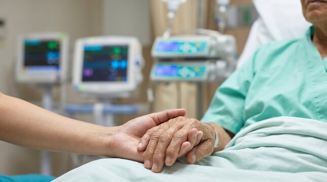 Close up of a young person holding the hand of an elderly patient in a hospital room for emotional support and care